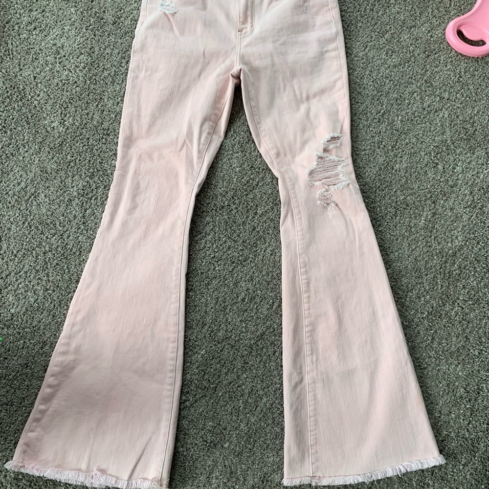 Pink Flared Jeans with Distressed Details